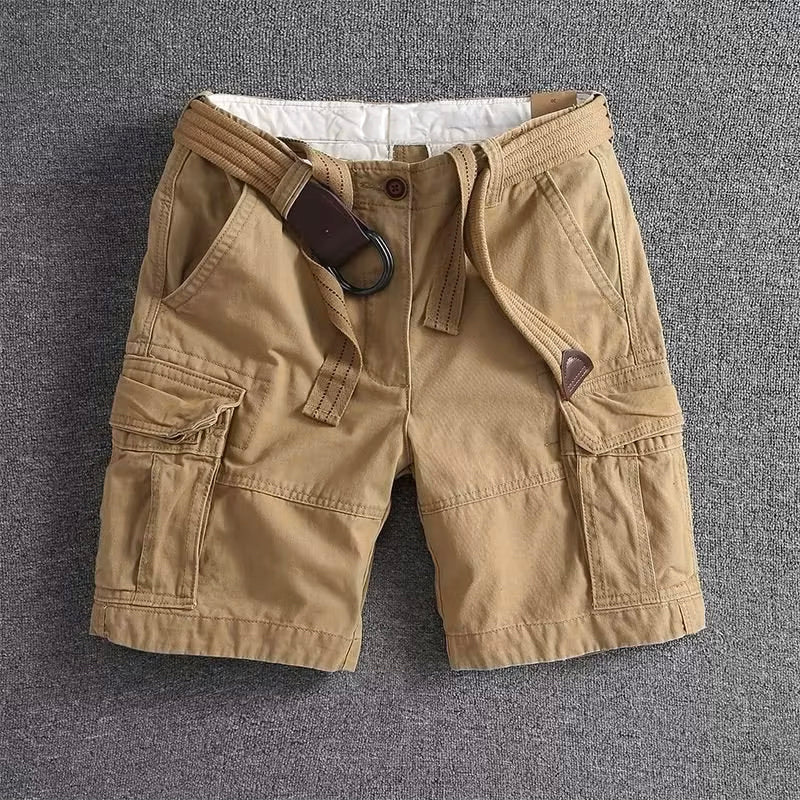 Men's multi-pocket straight leg cargo shorts in khaki, ideal for casual summer wear and utility.