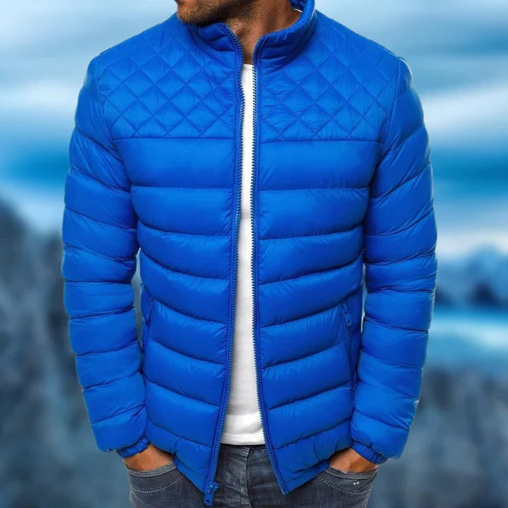 Men's new stylish puffer jacket. Warm, insulated, windproof, water-repellent winter coat for cold weather protection.