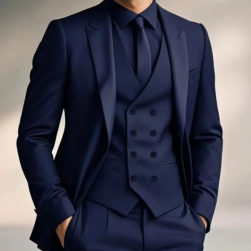 Men's slim fit double-breasted suit, 3-piece design featuring a waistcoat, for sophisticated style.