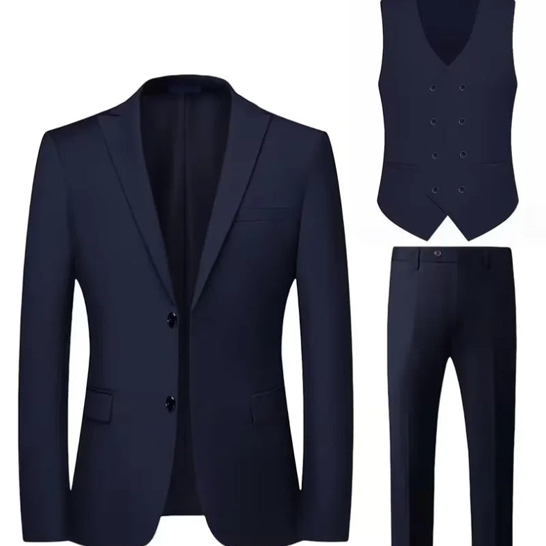 Details of a men's slim fit double-breasted suit. The 3-piece set includes a perfectly tailored waistcoat.
