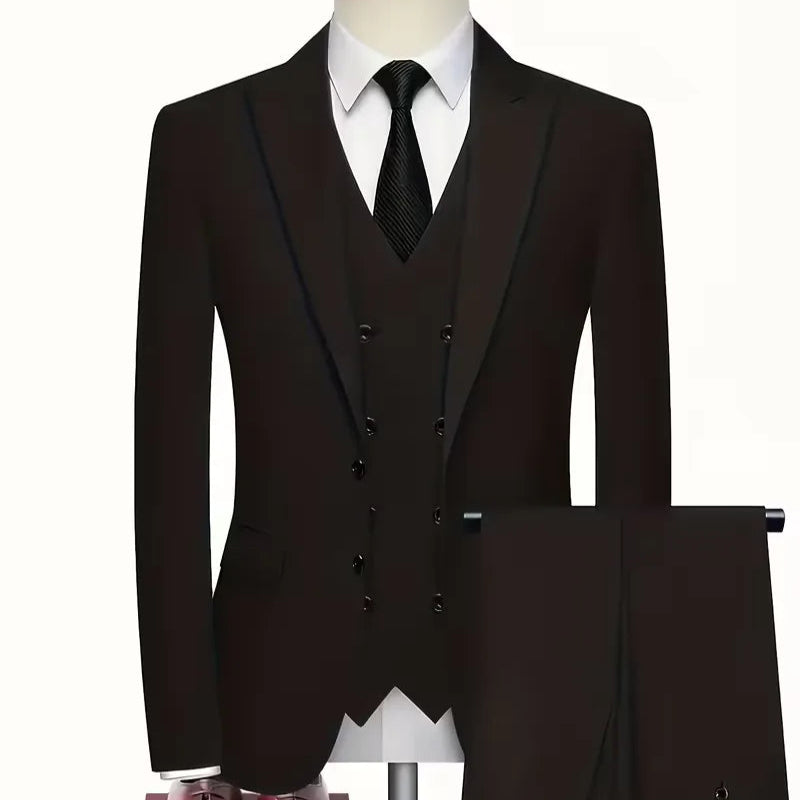 Elegant slim fit men's double-breasted suit. Complete 3-piece set with waistcoat for events.