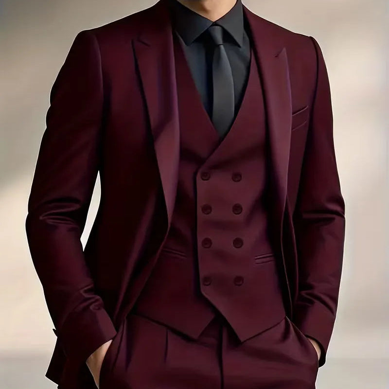 Dynamic pose of a man in a slim fit double-breasted 3-piece suit with an elegant waistcoat.