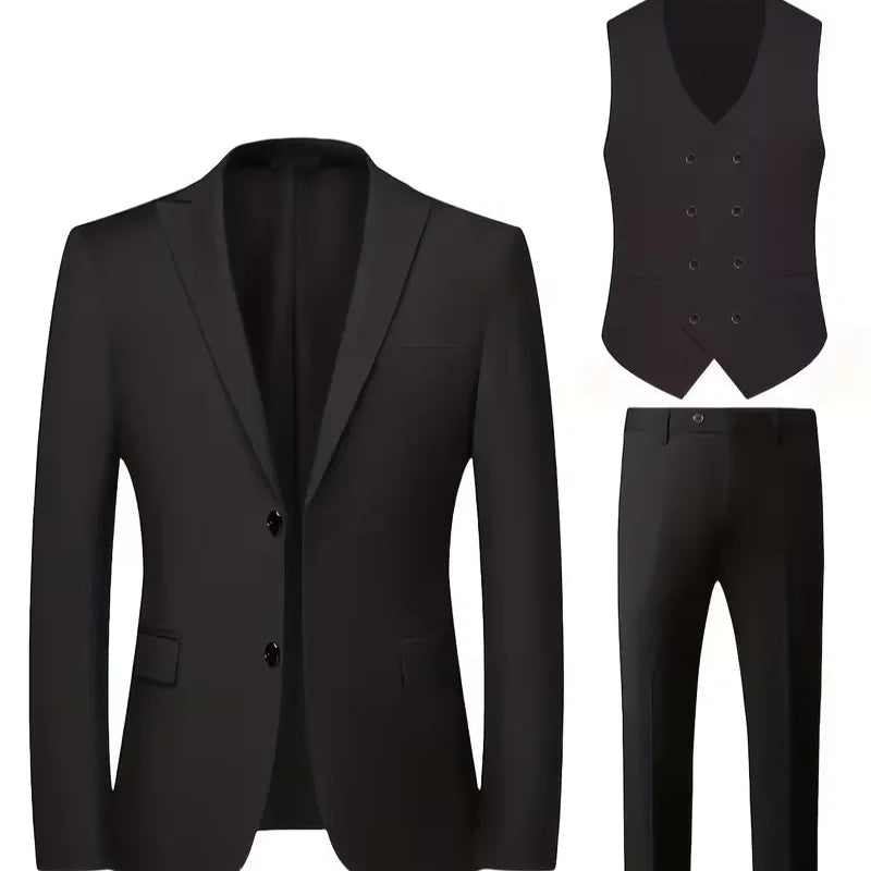 Stylish slim fit 3-piece men's suit, featuring a double-breasted jacket and matching waistcoat.