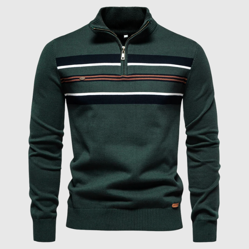 Men's striped quarter zip sweater. Versatile long sleeve top for smart casual fashion & everyday comfort.