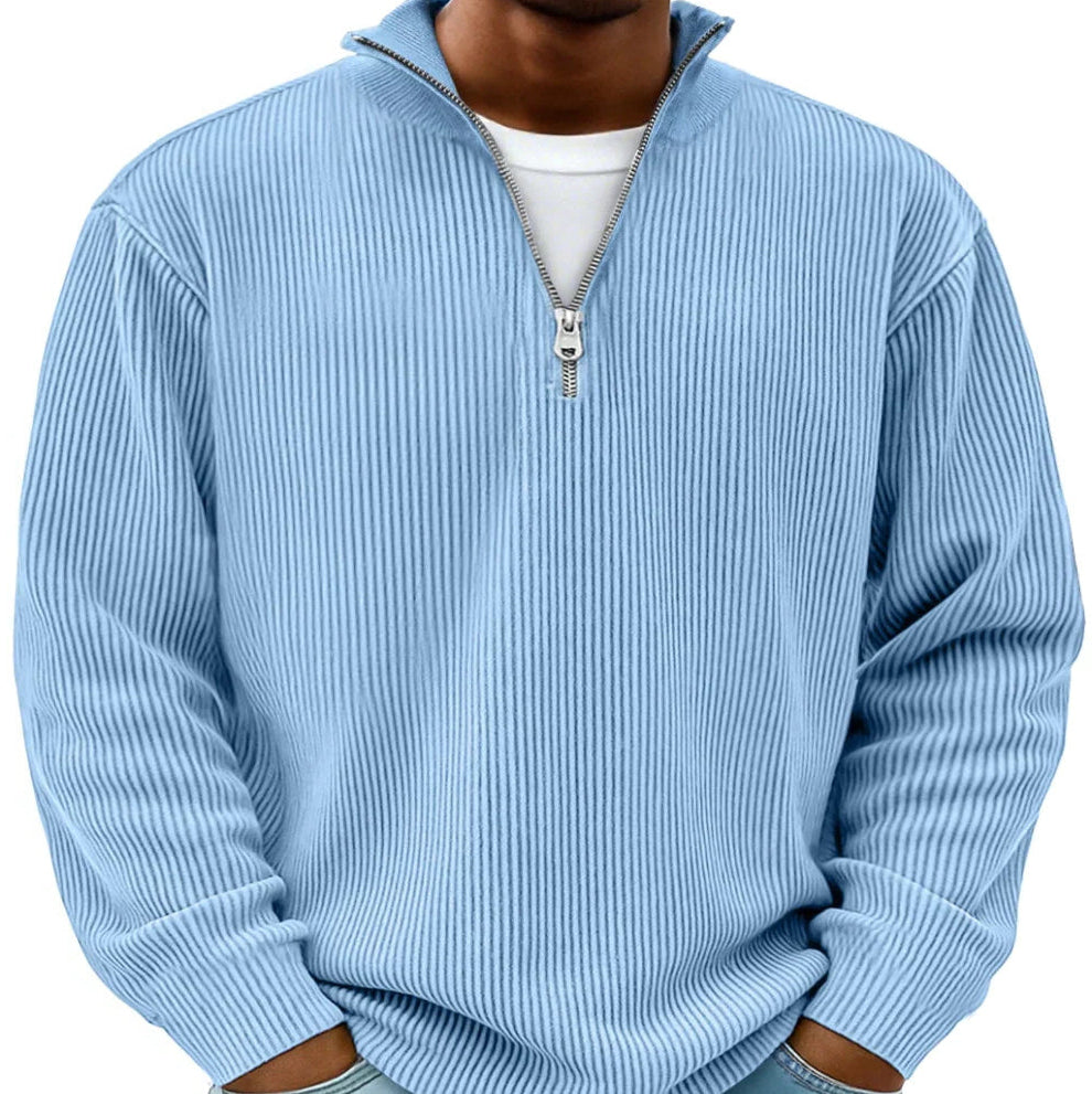 Comfortable men's half-zip pullover sweater with a soft ribbed texture, ideal for daily style.