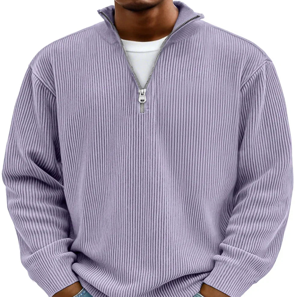 Versatile men's long sleeve half-zip ribbed sweater, perfect for warmth and casual fashion.