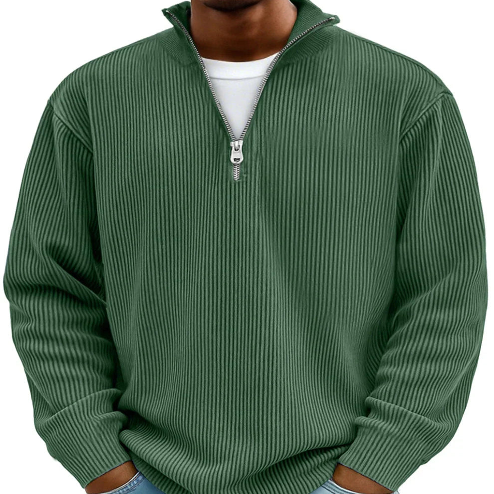 Modern men's ribbed half-zip sweater in a classic color, great for everyday stylish comfort.