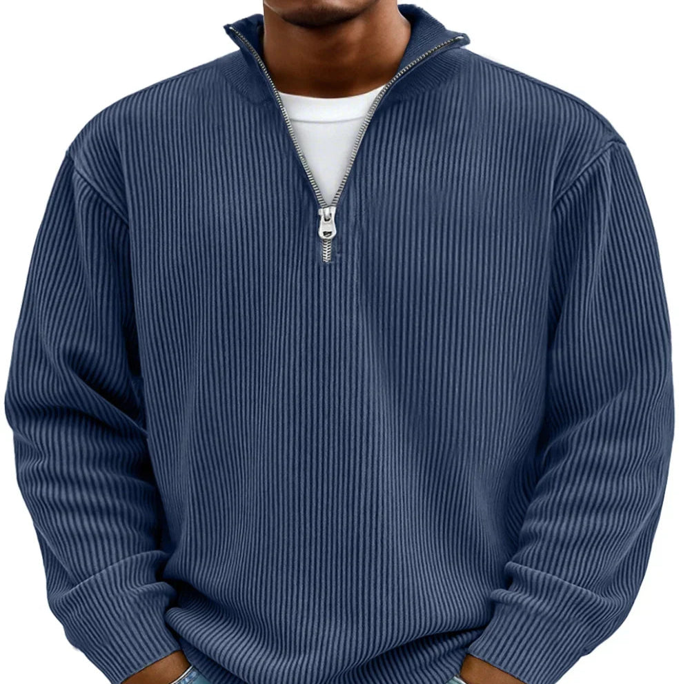 Fashionable men's ribbed half-zip long sleeve sweater, offering both warmth and modern appeal.
