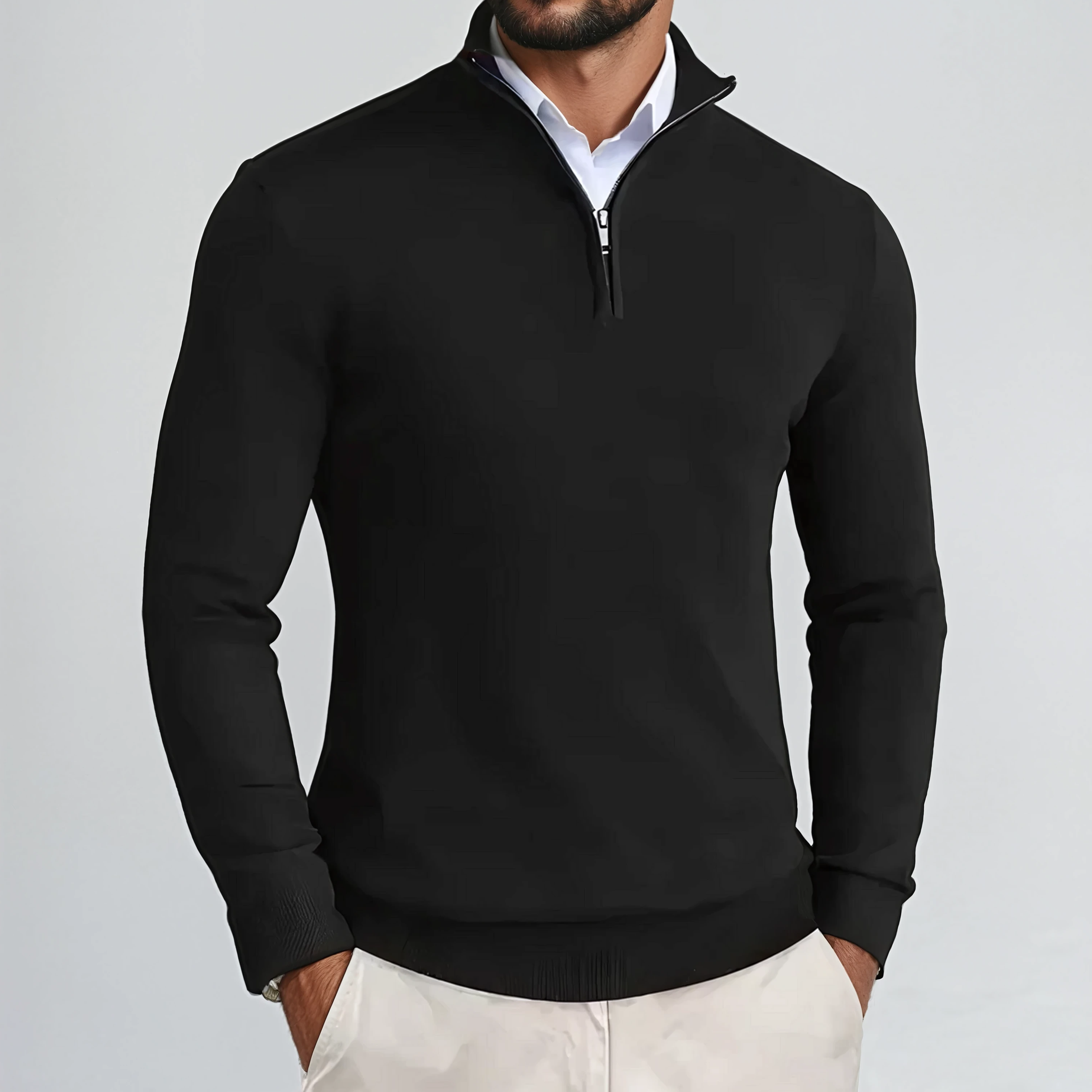 Men's stylish quarter-zip sweater, modern fit, long sleeve pullover for versatile casual or semi-formal wear.
