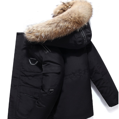 Men's hooded winter parka jacket in black, red, or white. Ultimate cold protection, stylish casual outerwear.