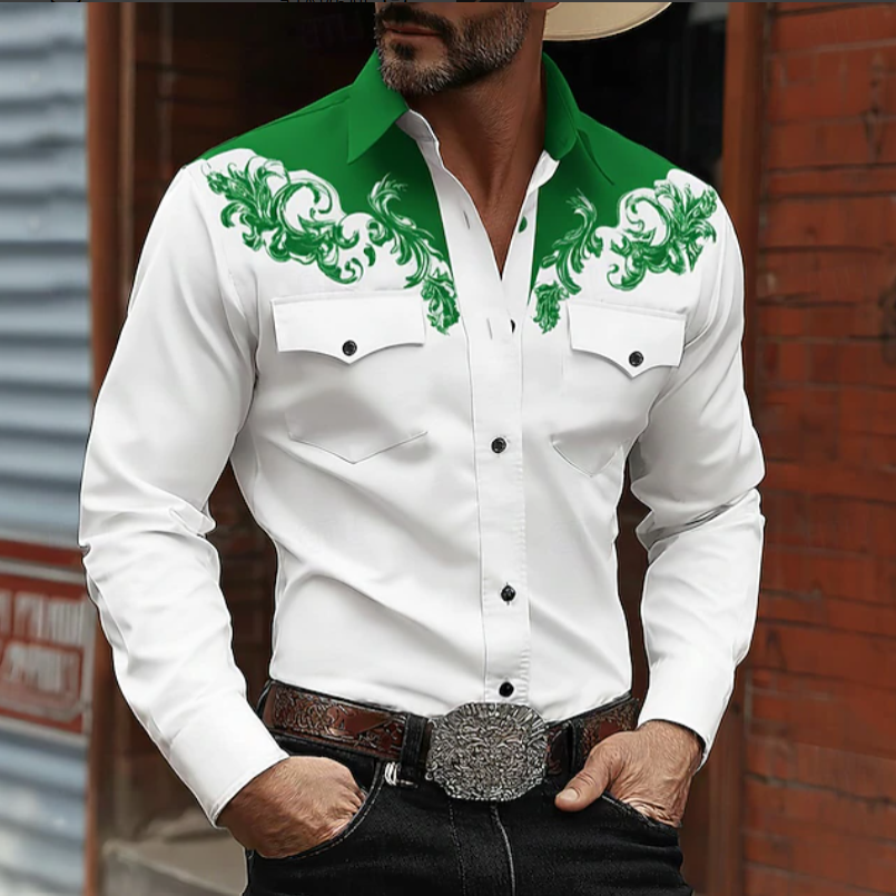 Men's western embroidered button-up shirt, long sleeve, showcasing cowboy style and rugged elegance for stylish men.