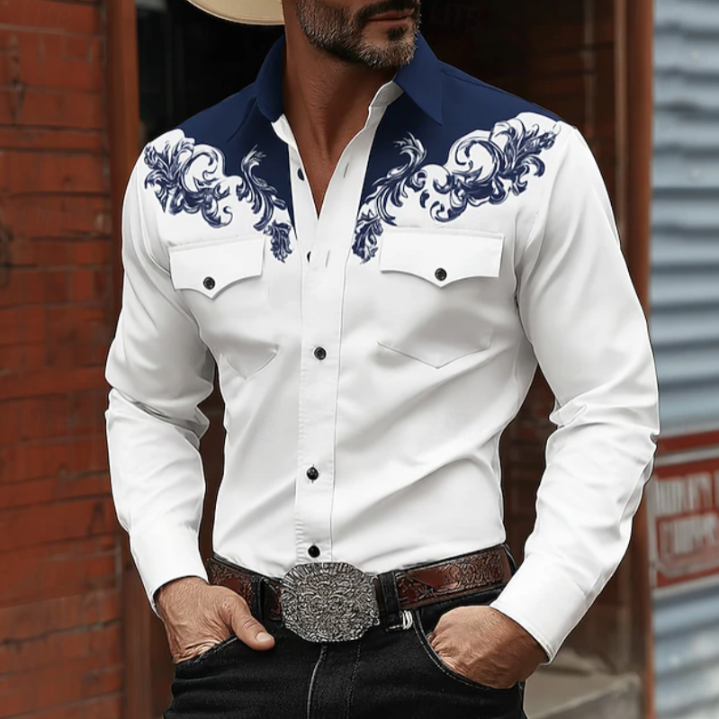 Stylish men's long-sleeve western shirt with intricate embroidery, a unique button-up perfect for a casual cowboy look.