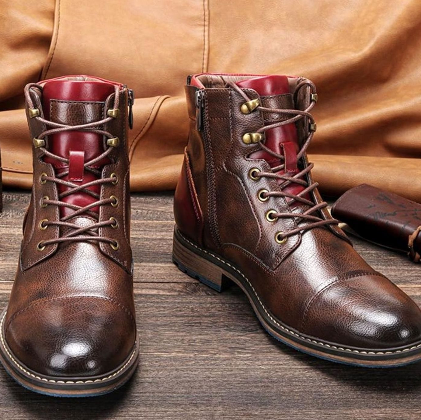 Men's Classic Zip Lace-Up Cap-Toe Leather Ankle Boots - Brown