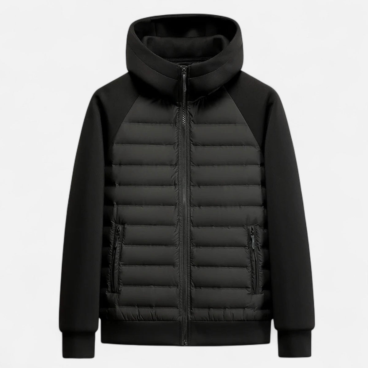 Quilted Hooded Jacket for Men with Knit Sleeves and Zipped Pockets