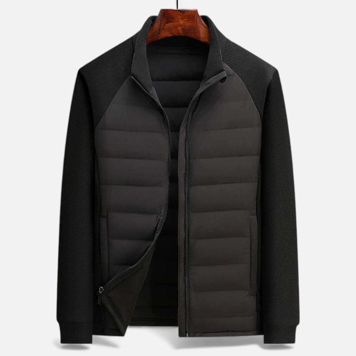 Quilted Hybrid Jacket with Knit Sleeves and Stand Collar for Men