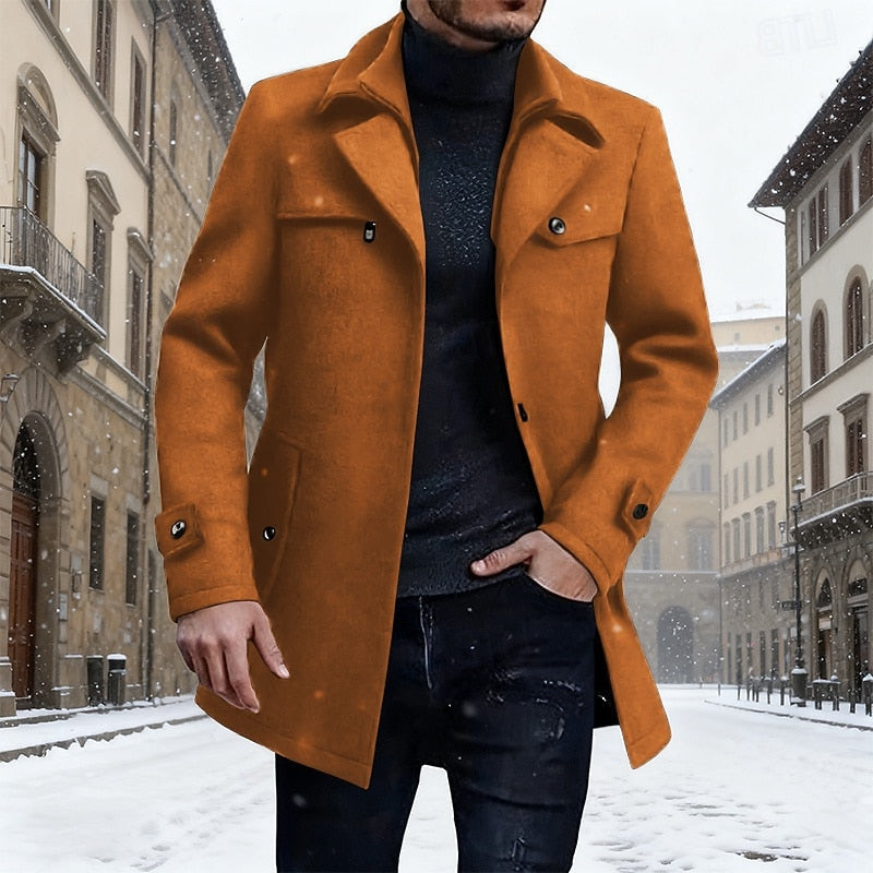 Longline Winter Coat with Tailored Silhouette and Classic Collar, Front Button Closure
