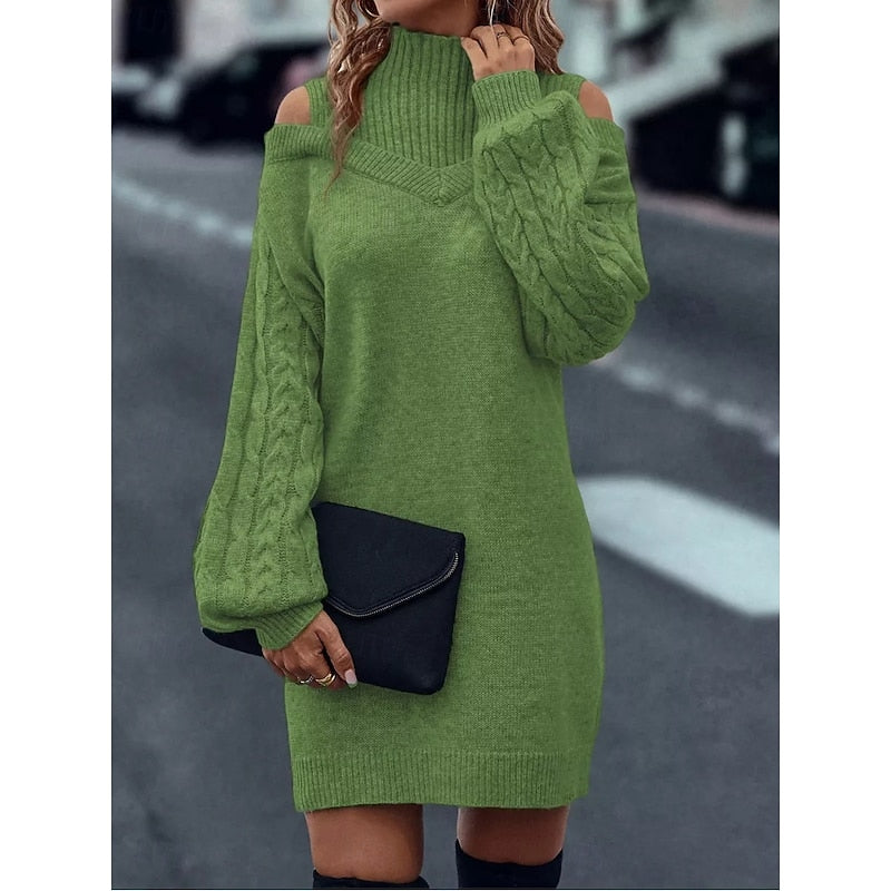 Cold-Shoulder Turtleneck Sweater Dress with Cable Knit Sleeves