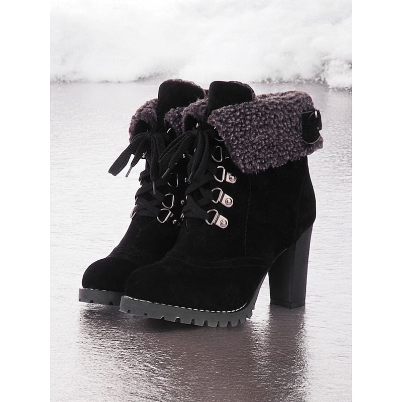 Lace-Up Winter Boots with Gripped Sole and Plush Lining, Chunky Heel