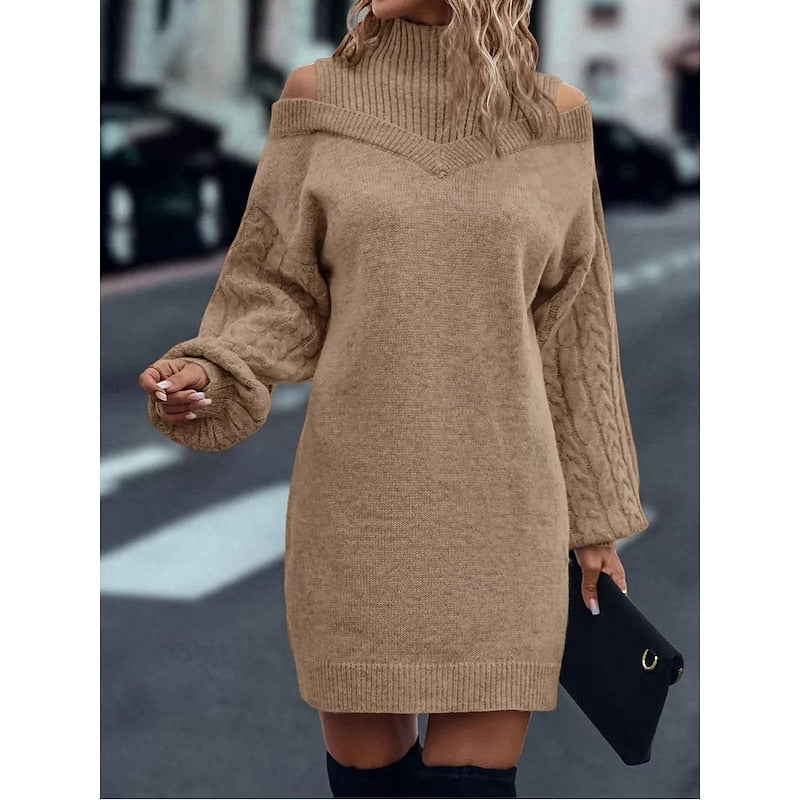 Cold-Shoulder Turtleneck Sweater Dress with Cable Knit Sleeves