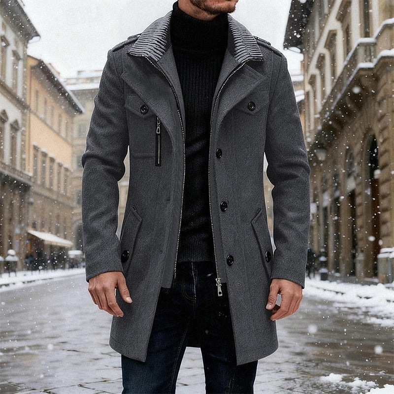 Tailored Overcoat with Structured Collar and Front Button Closure, Side Pockets