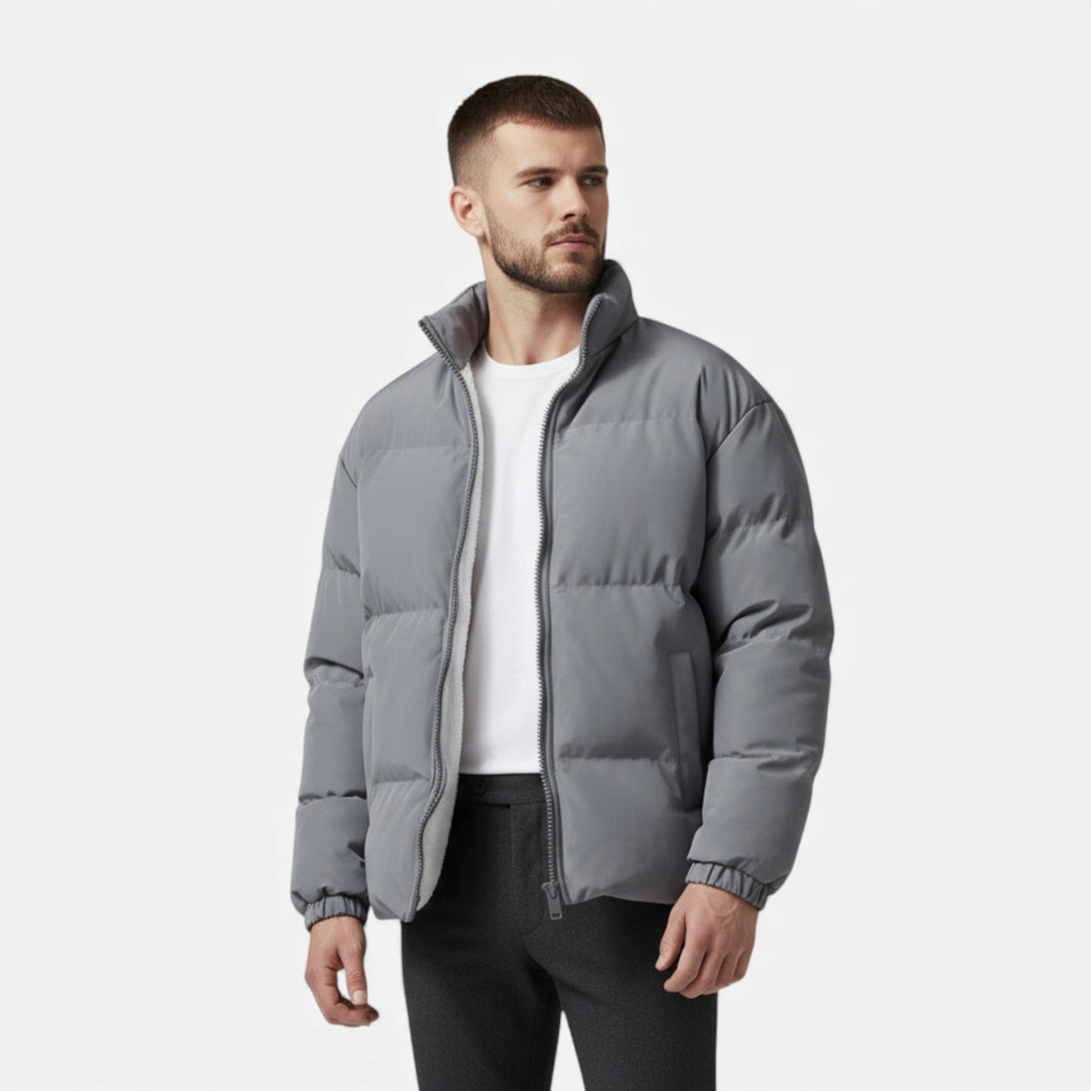 Insulated Puffer Jacket with Funnel Neck and Front Zip, Quilted Design