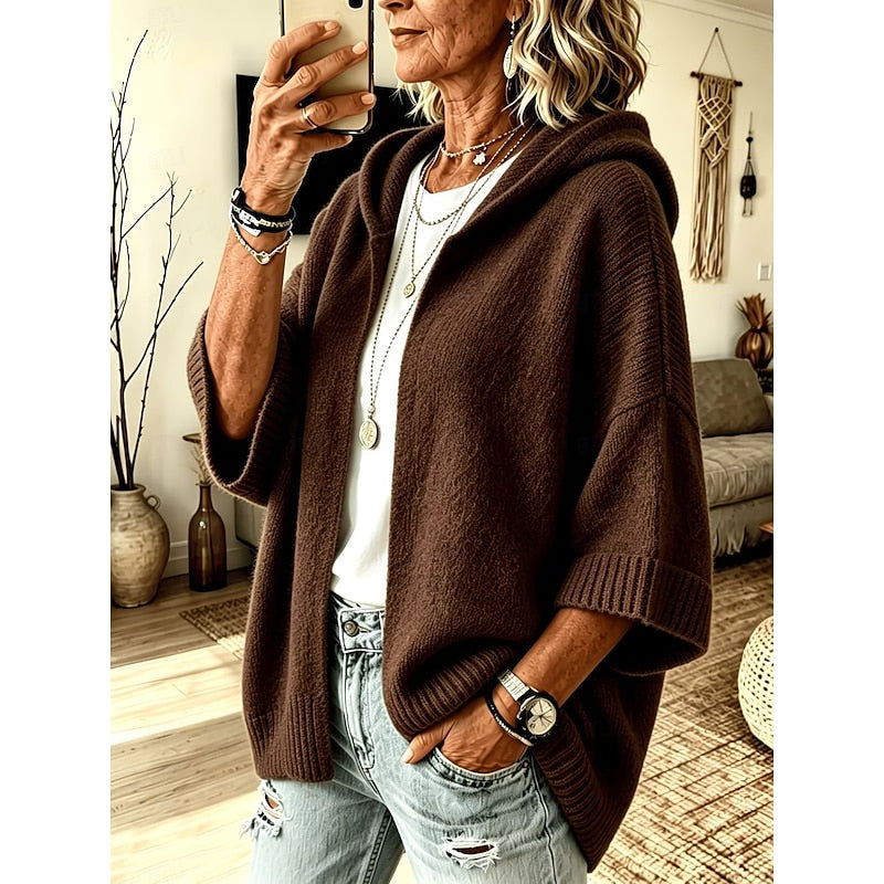 Textured Knit Hooded Cardigan with Three Quarter Sleeves and Ribbed Trim