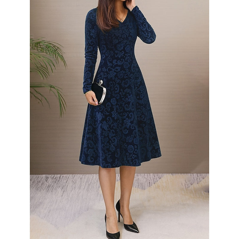 Floral A-Line Midi Dress with Long Sleeves and Fitted Waist