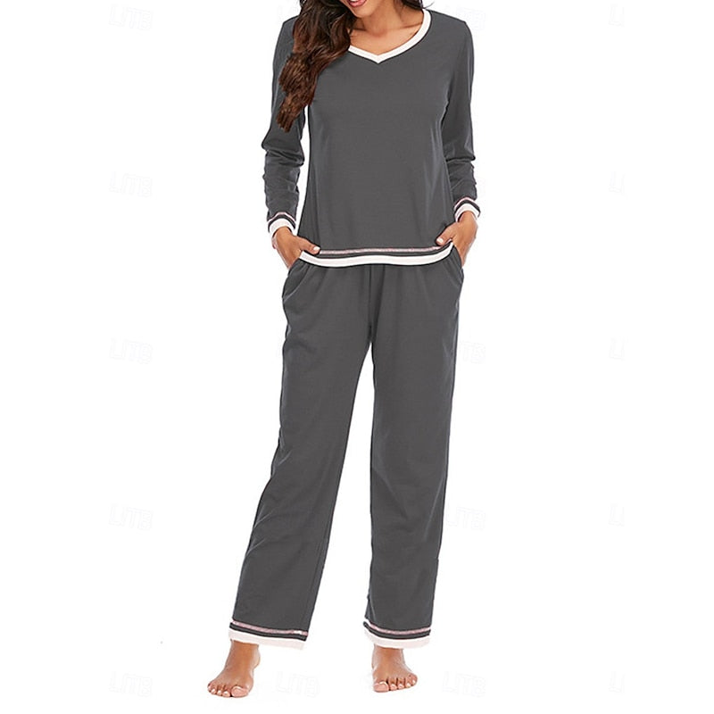 Womens Two Piece Lounge Set with Long Sleeve V Neck Top and Elastic Waist Trousers