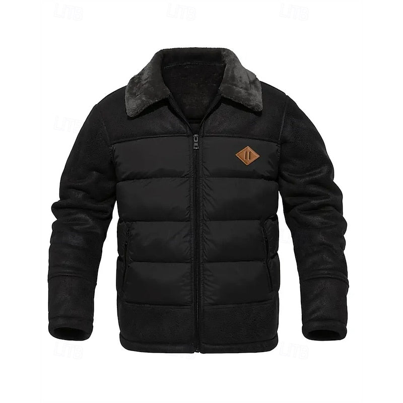 Insulated Winter Puffer Jacket with Structured Collar and Front Zip, Hip Length