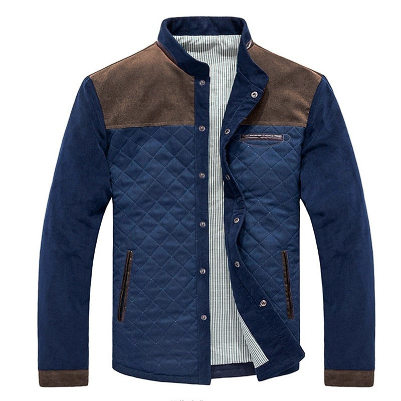 Quilted Jacket with Contrasting Shoulder Panels and Stand Collar, Two Front Pockets