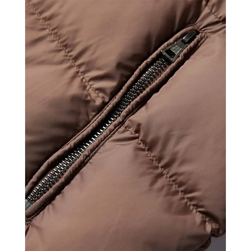 Insulated Winter Puffer Jacket with Structured Collar and Front Zip, Hip Length