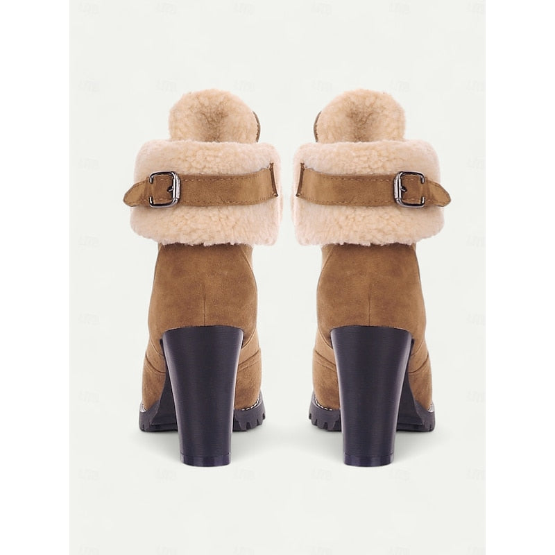 Lace-Up Winter Boots with Gripped Sole and Plush Lining, Chunky Heel