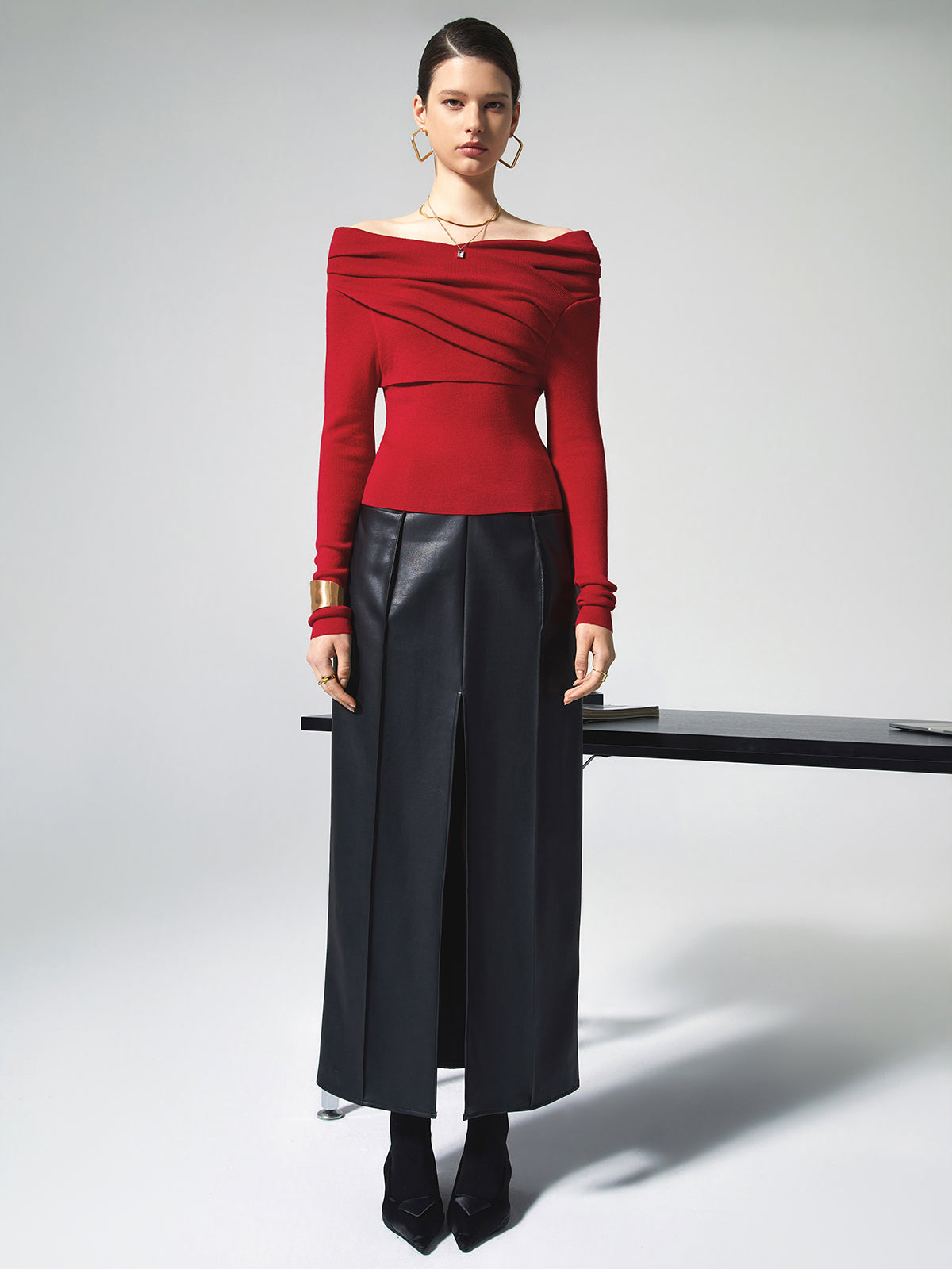 Off Shoulder Wrap Sweater and Slim Fit, Polyester Acrylic Blend