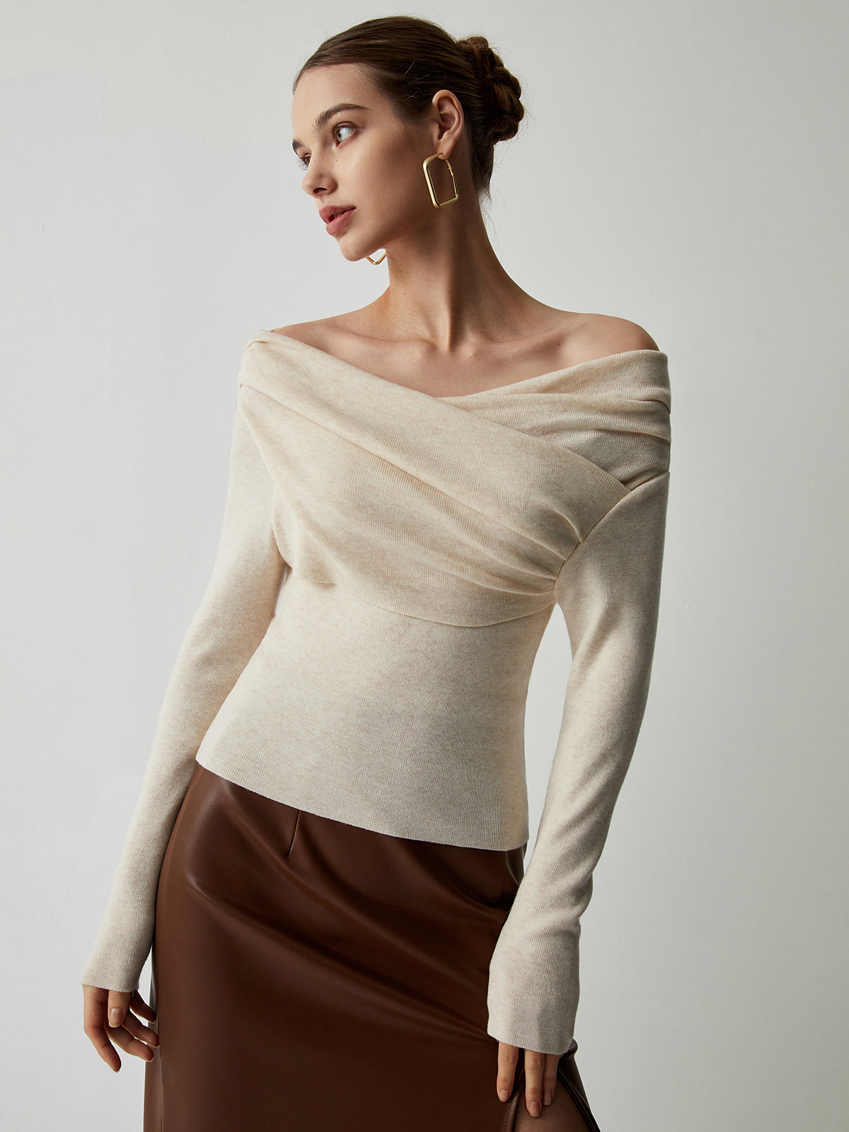 Off Shoulder Wrap Sweater and Slim Fit, Polyester Acrylic Blend