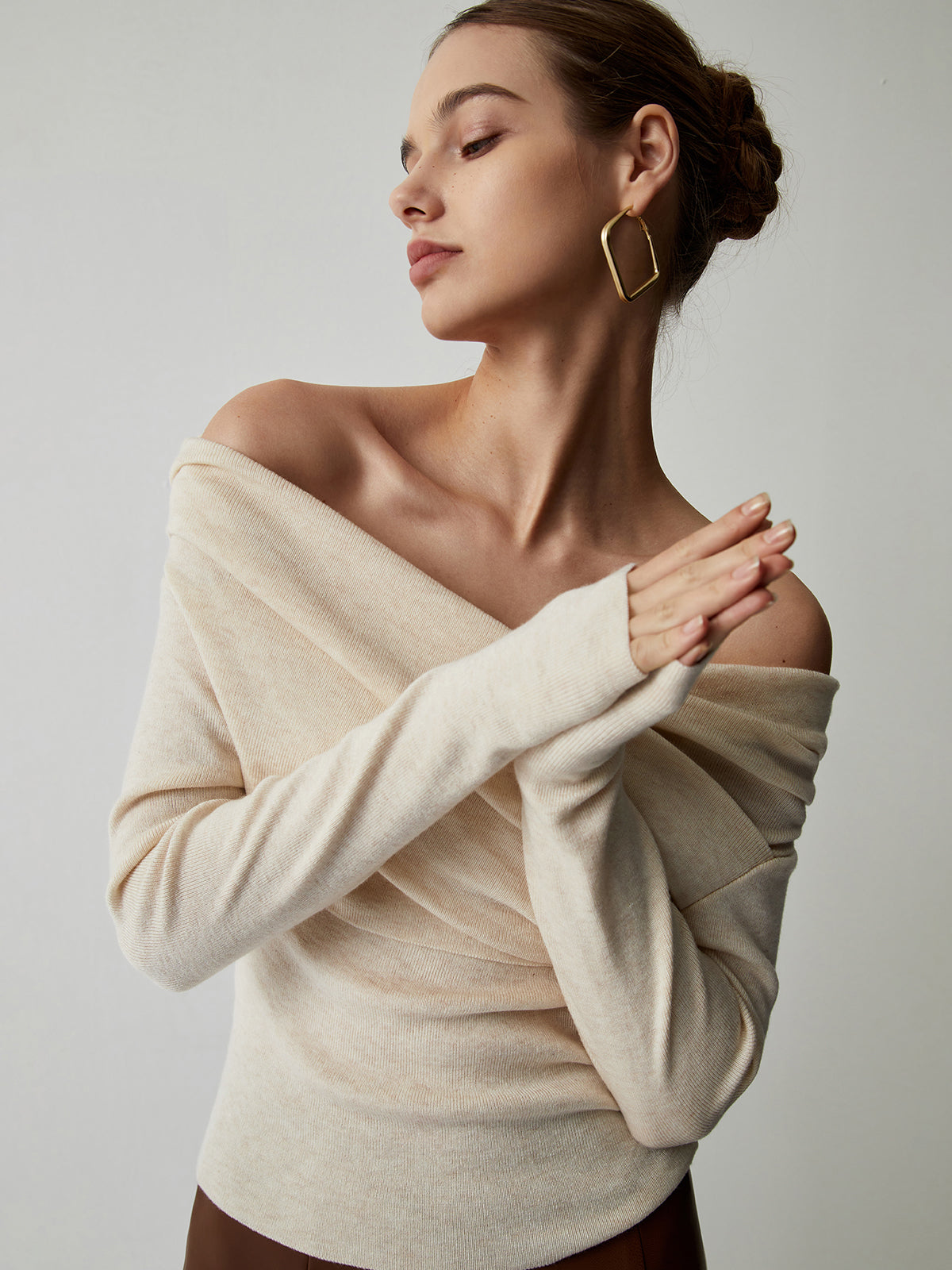 Off Shoulder Wrap Sweater and Slim Fit, Polyester Acrylic Blend