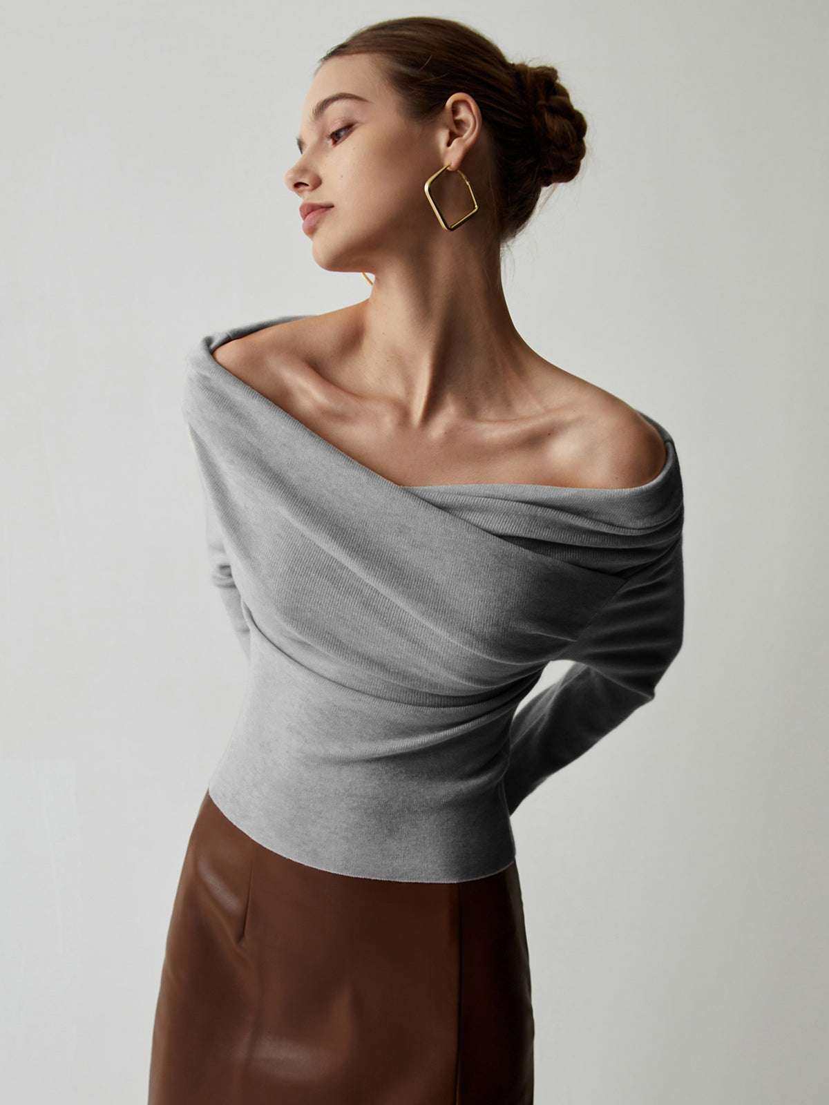 Off Shoulder Wrap Sweater and Slim Fit, Polyester Acrylic Blend