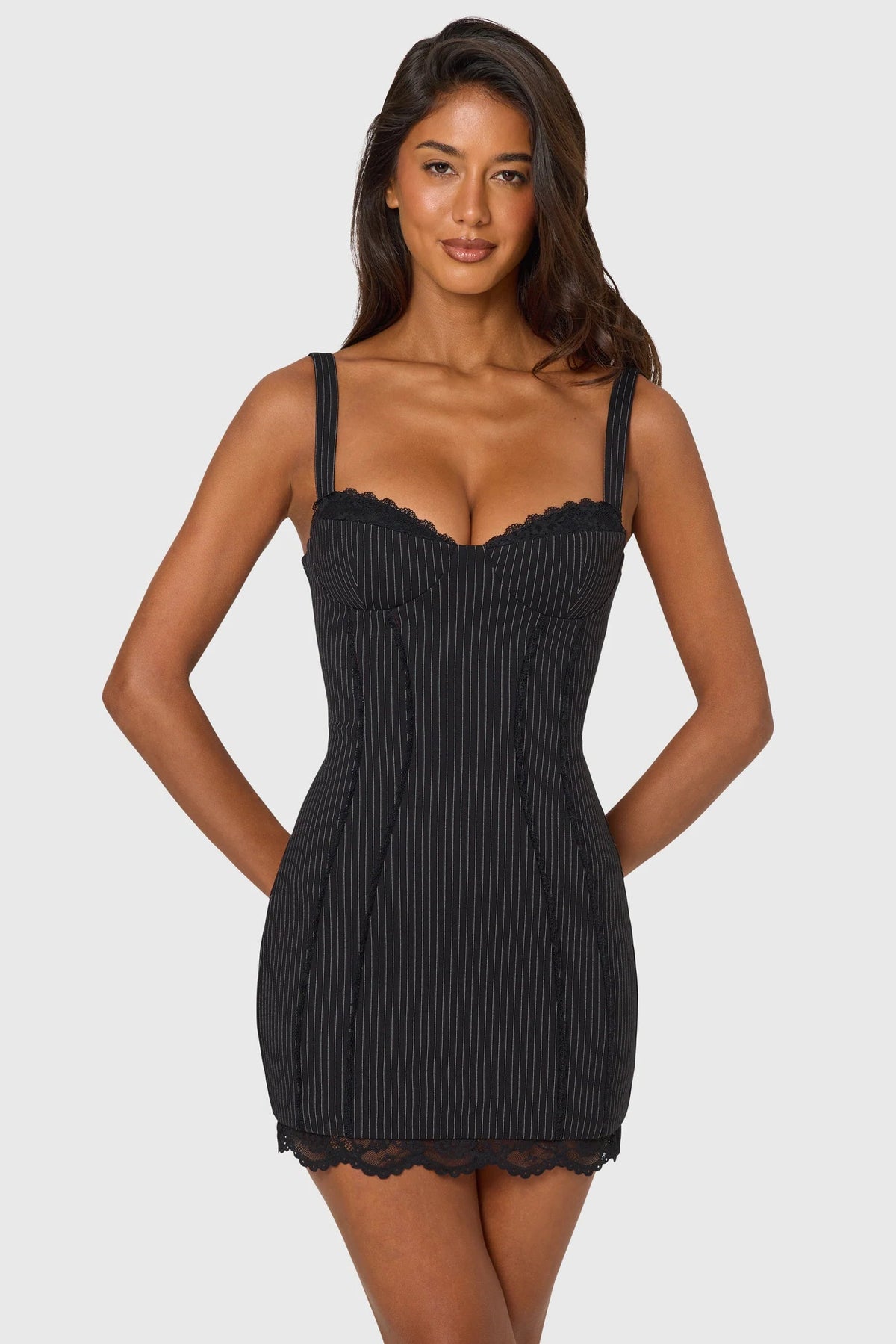 Sleeveless Striped Mini Dress with White Lace Trim and Peekaboo Cutout