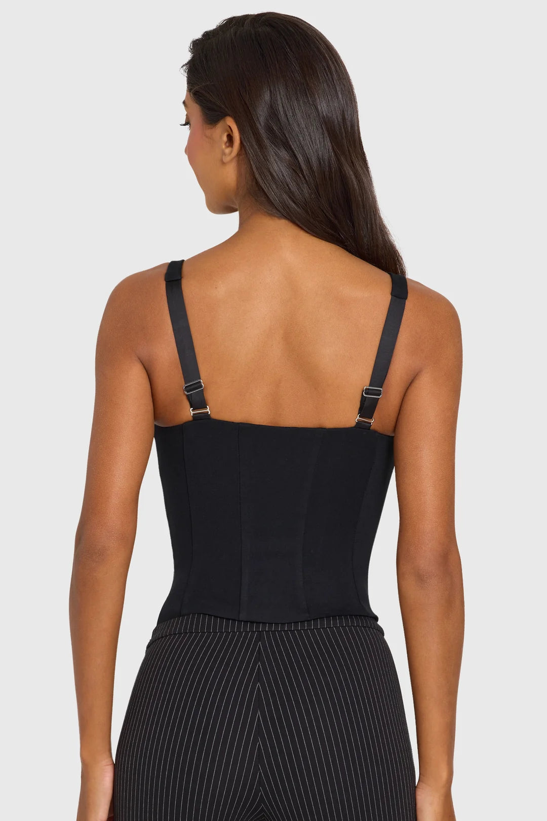 Square Neck Sleeveless Corset Top with Boning and Curved Hem in Black