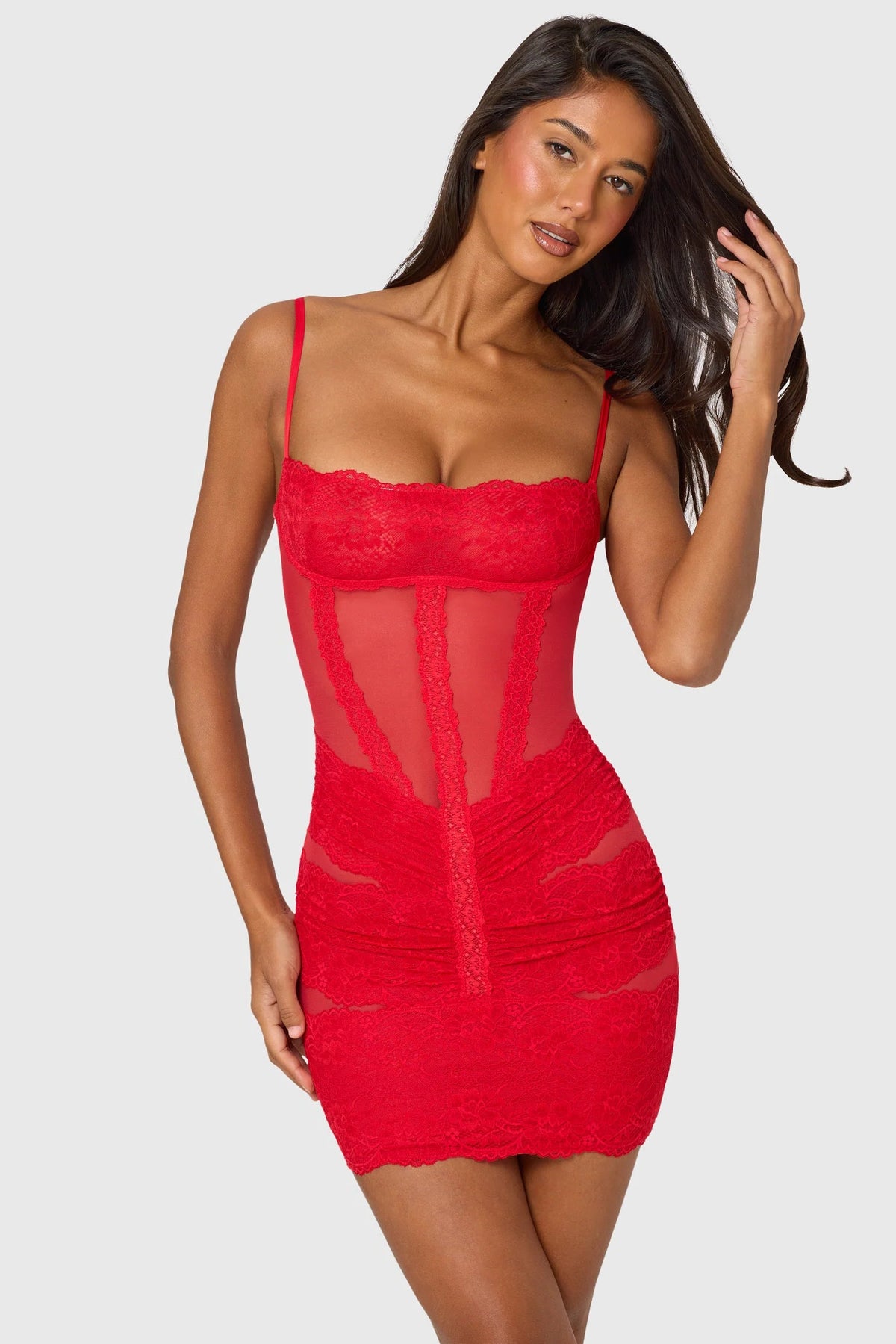 Red Short Sleeve Mini Cocktail Dress with Lace Trim Detailing