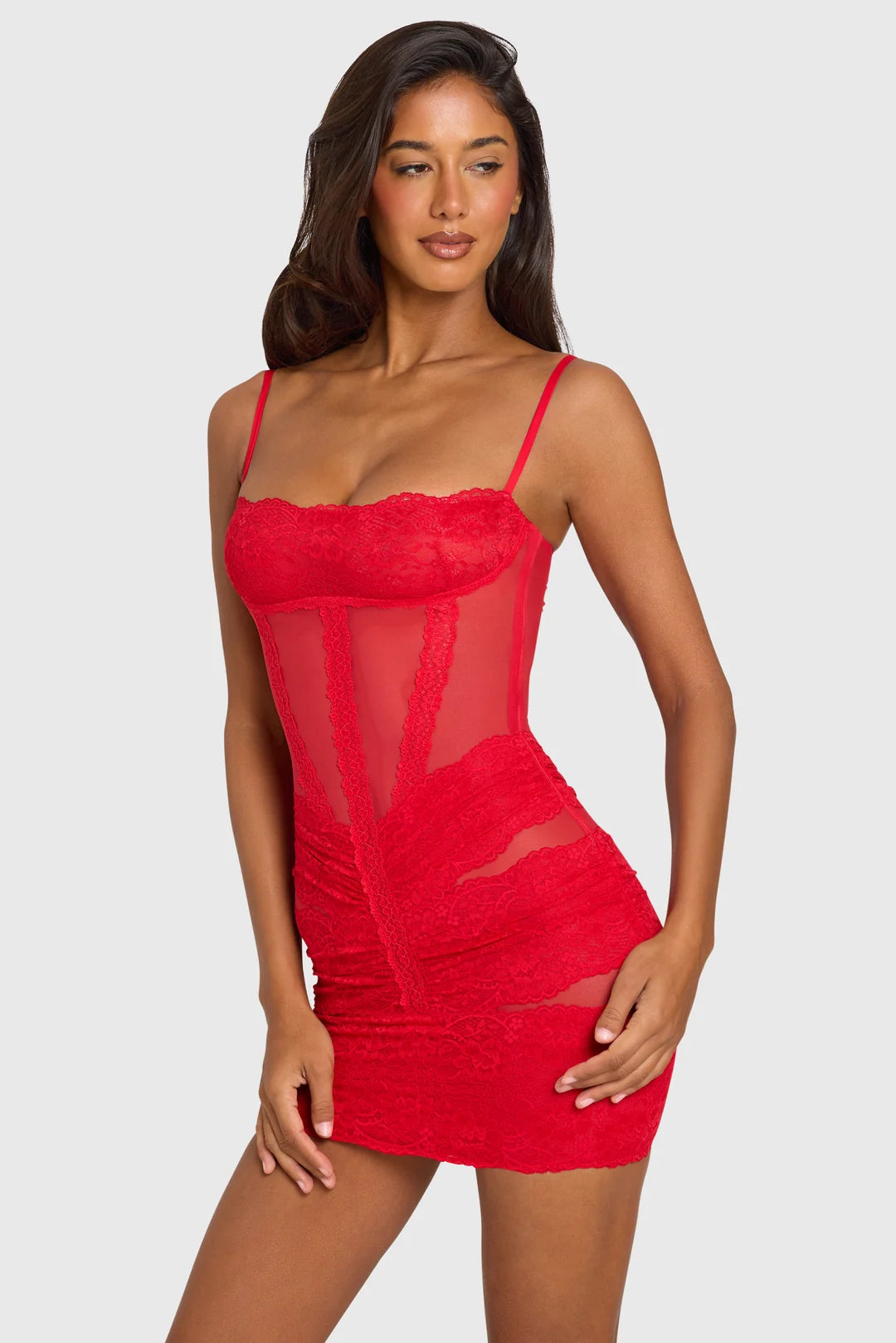 Red Short Sleeve Mini Cocktail Dress with Lace Trim Detailing