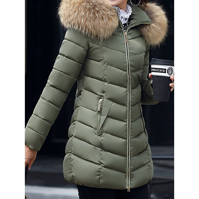 Hooded Quilted Parka with Adjustable Hood and Side Pockets, Mid Thigh Length