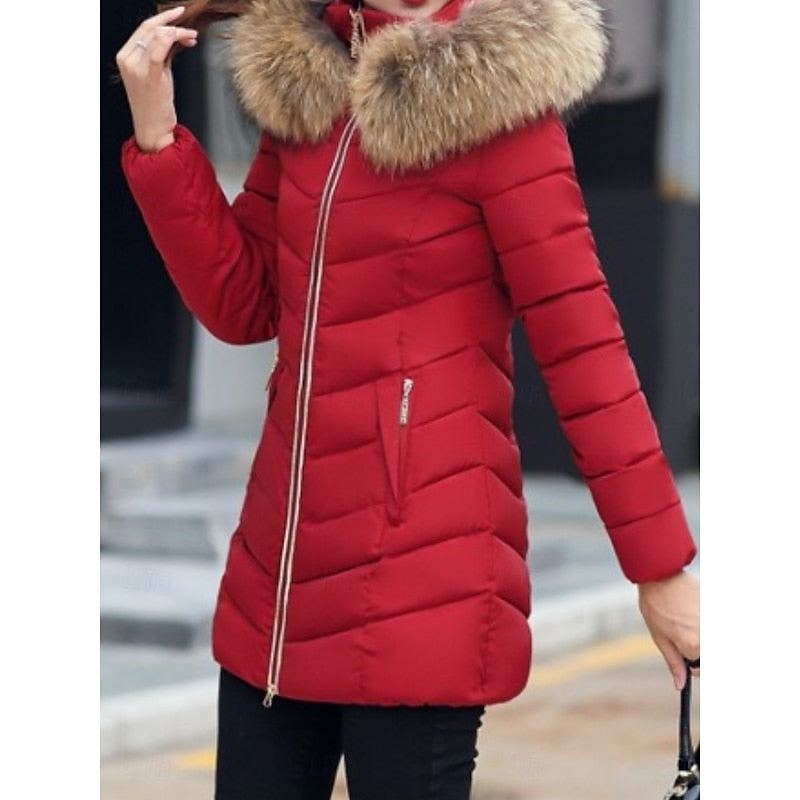 Hooded Quilted Parka with Adjustable Hood and Side Pockets, Mid Thigh Length
