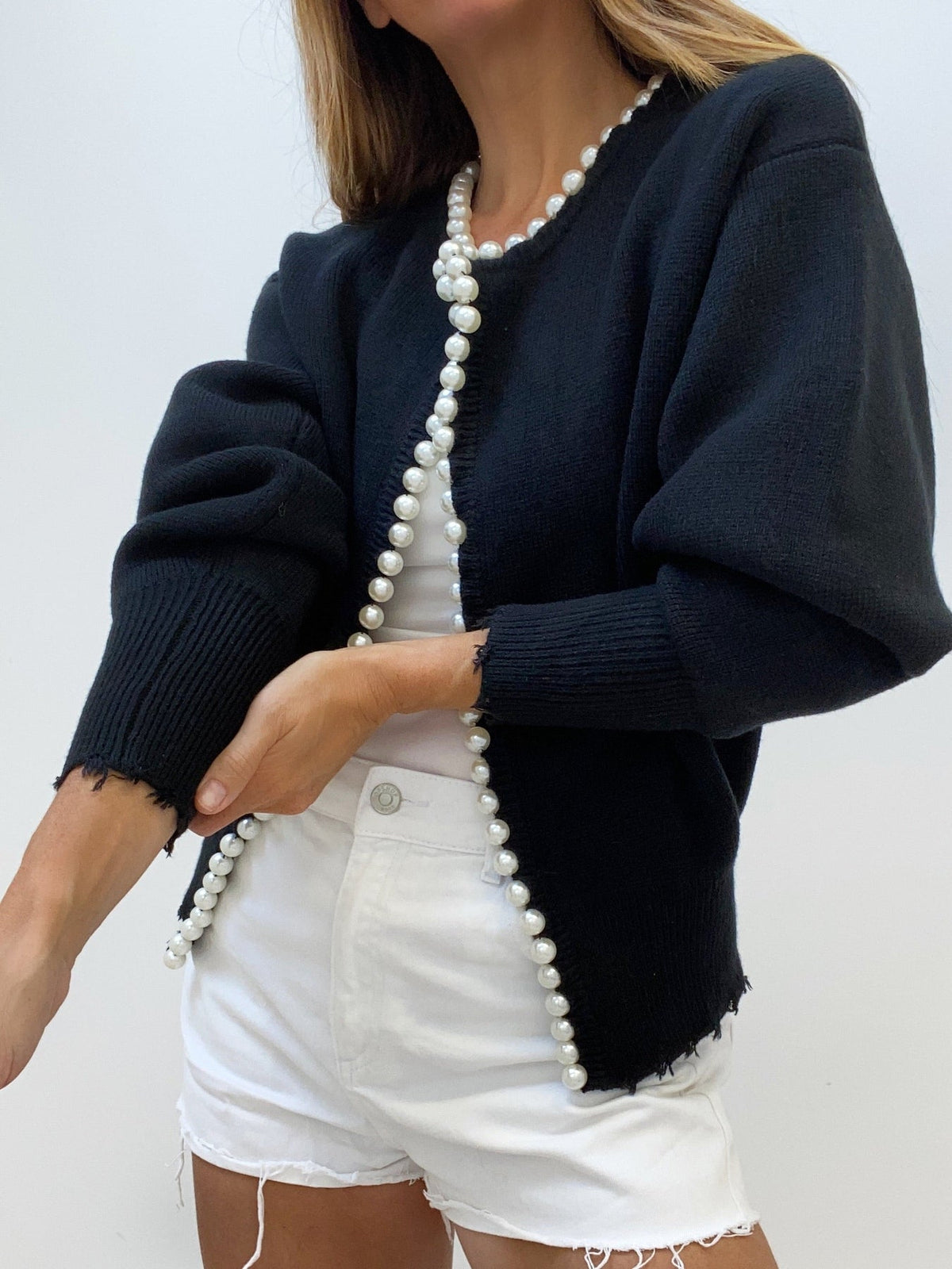 Womens Button Front Knit Cardigan with Pearl Trim Regular Fit