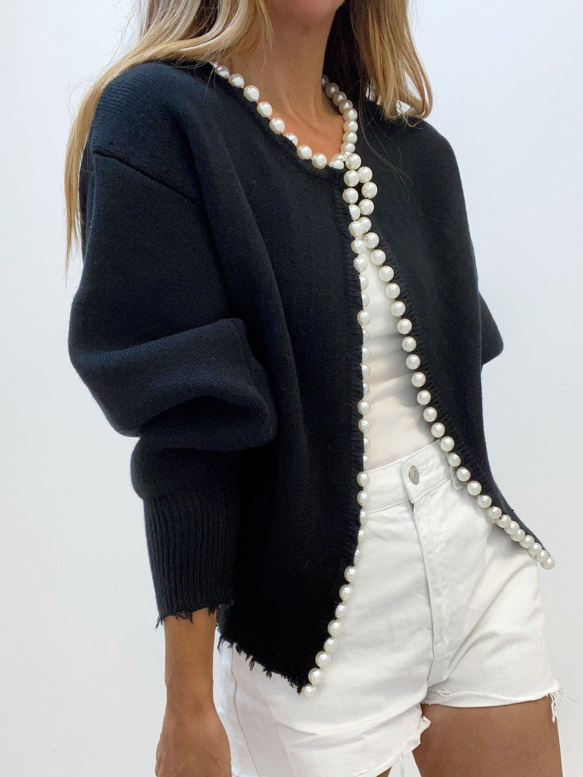 Womens Button Front Knit Cardigan with Pearl Trim Regular Fit