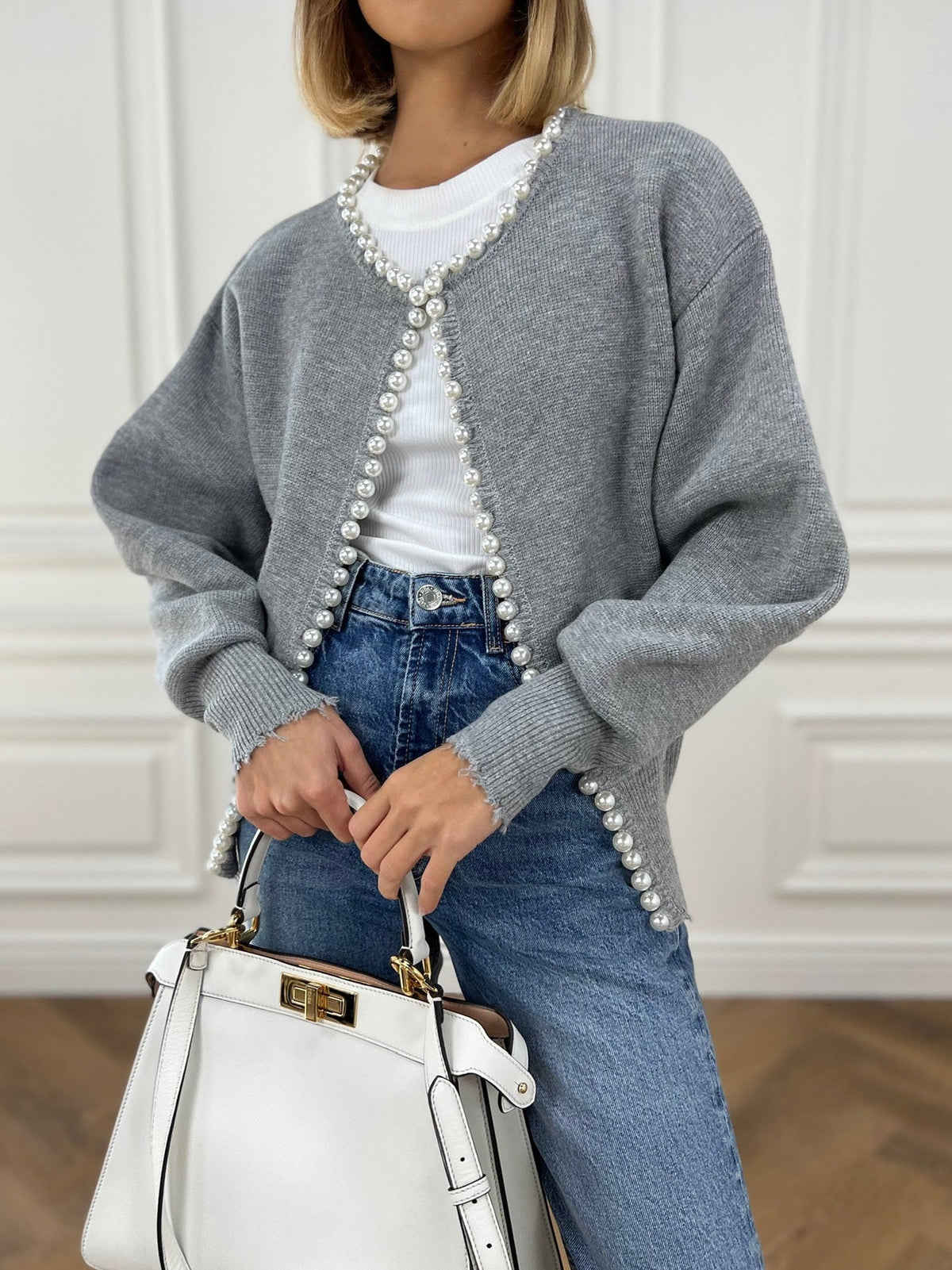 Womens Button Front Knit Cardigan with Pearl Trim Regular Fit