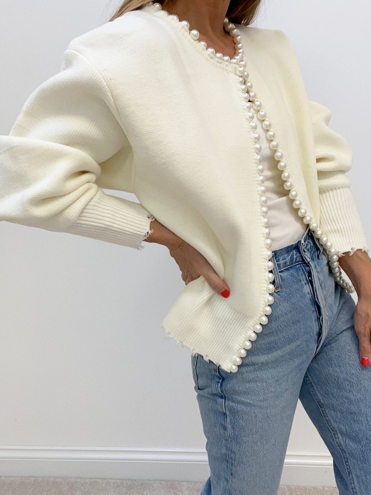 Womens Button Front Knit Cardigan with Pearl Trim Regular Fit