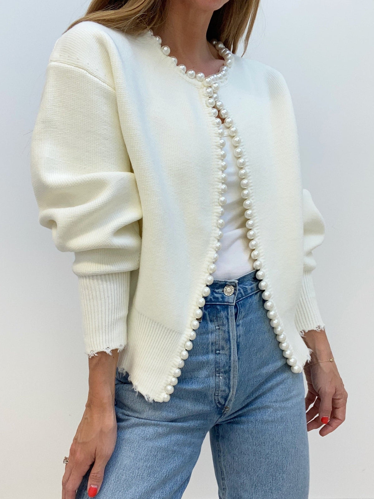 Womens Button Front Knit Cardigan with Pearl Trim Regular Fit