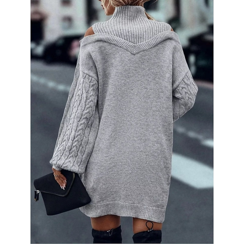 Cold-Shoulder Turtleneck Sweater Dress with Cable Knit Sleeves