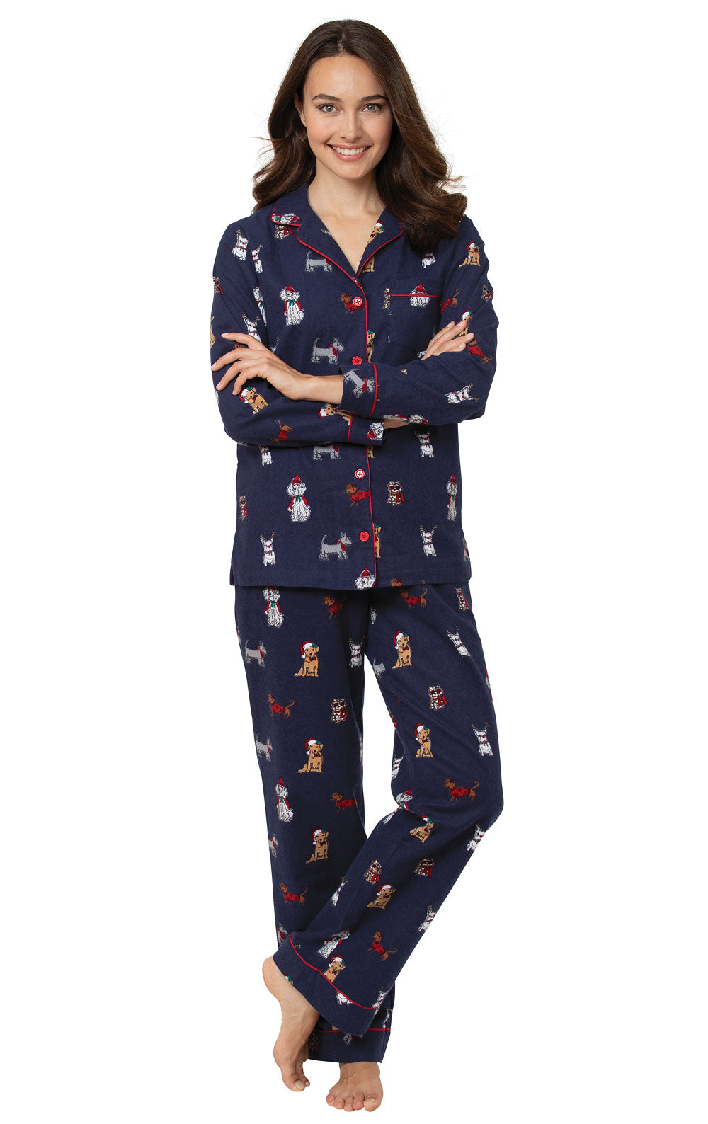 Button Front Flannel Pajama Set with Festive Dog Print and Notch Collar