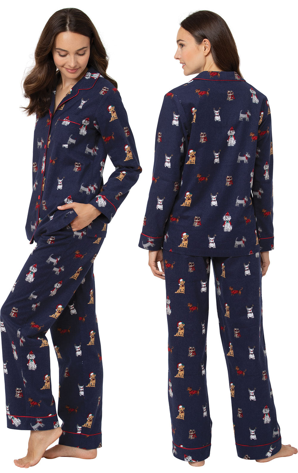 Button Front Flannel Pajama Set with Festive Dog Print and Notch Collar